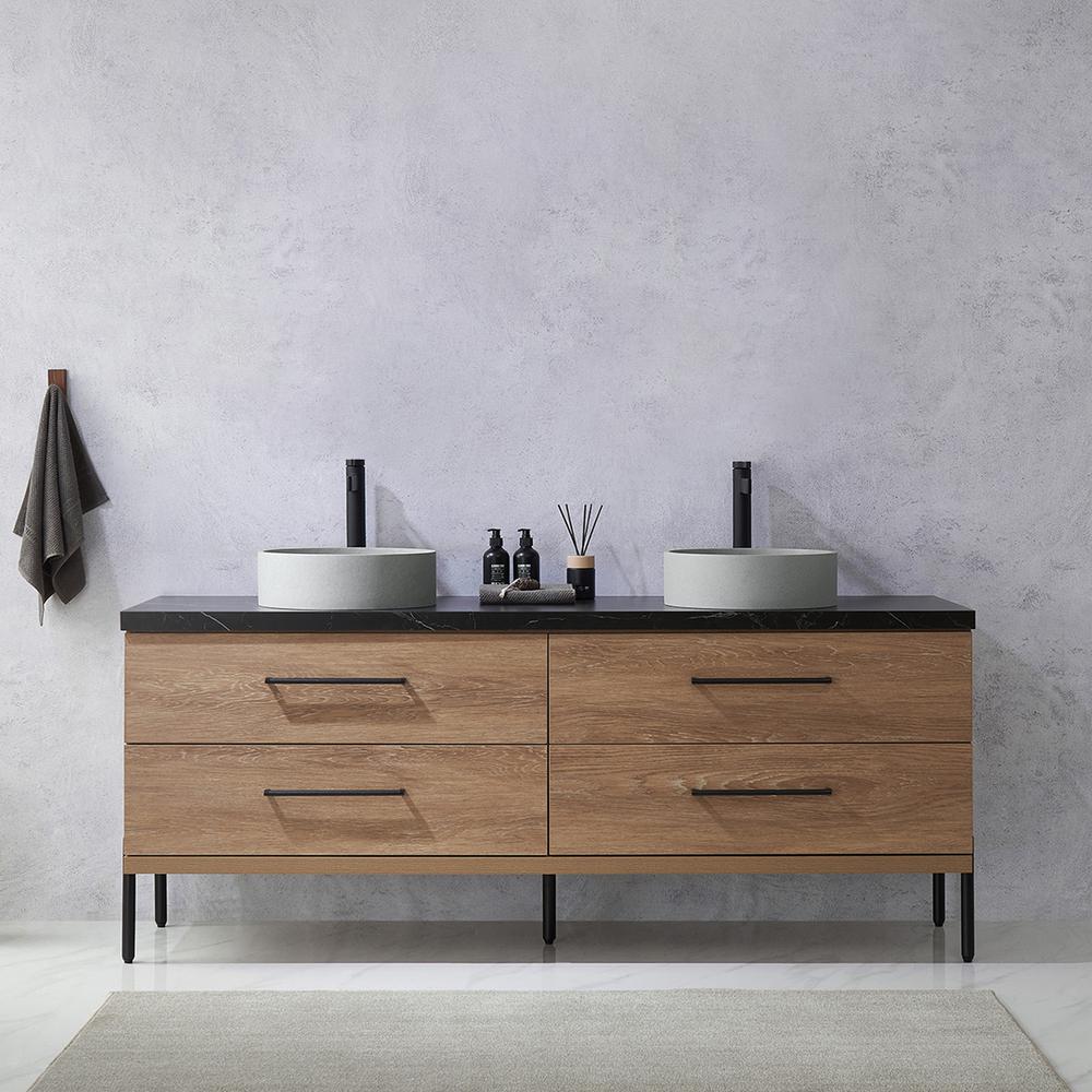 Double Sink Bath Vanity with Black Sintered Stone Top with Concrete Sink. Picture 5