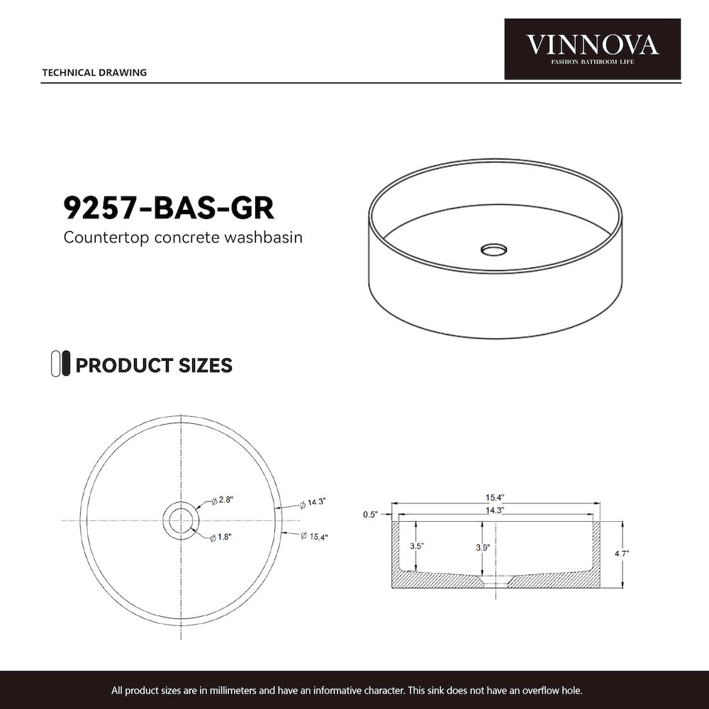Vinnova Moguer Grey Concrete Circular Vessel Bathroom Sink. Picture 2