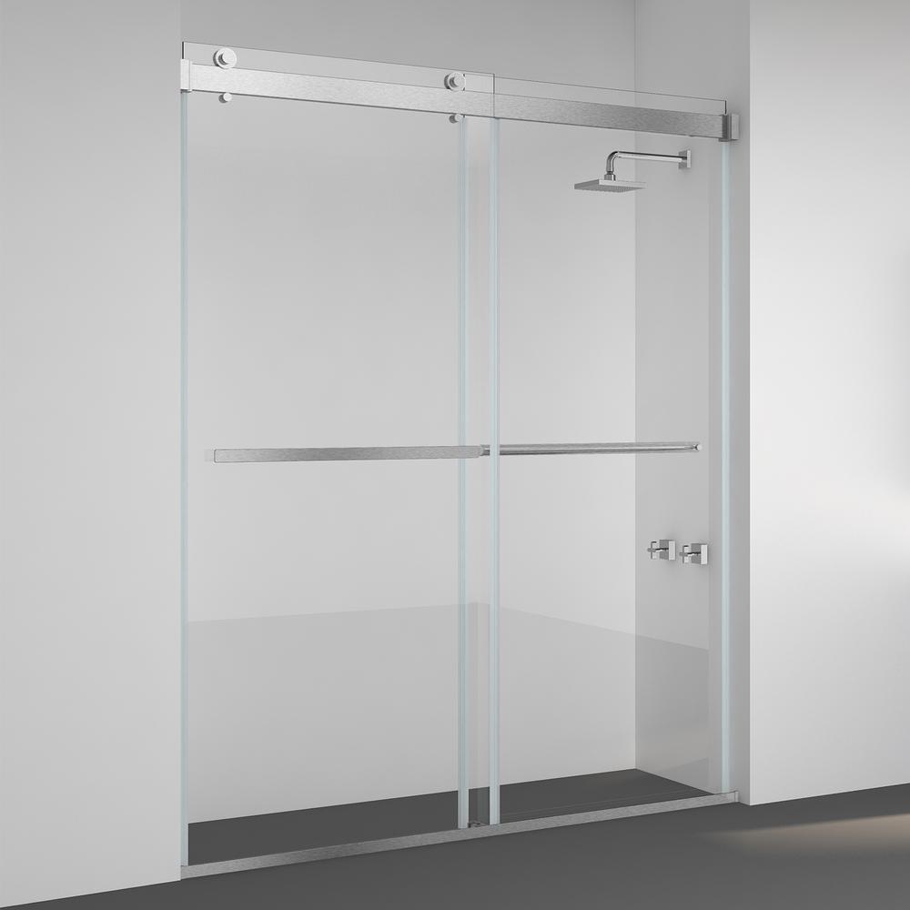 Spezia 60" W x 76" H Double Sliding Frameless Shower Door in Brushed Nickel. Picture 1