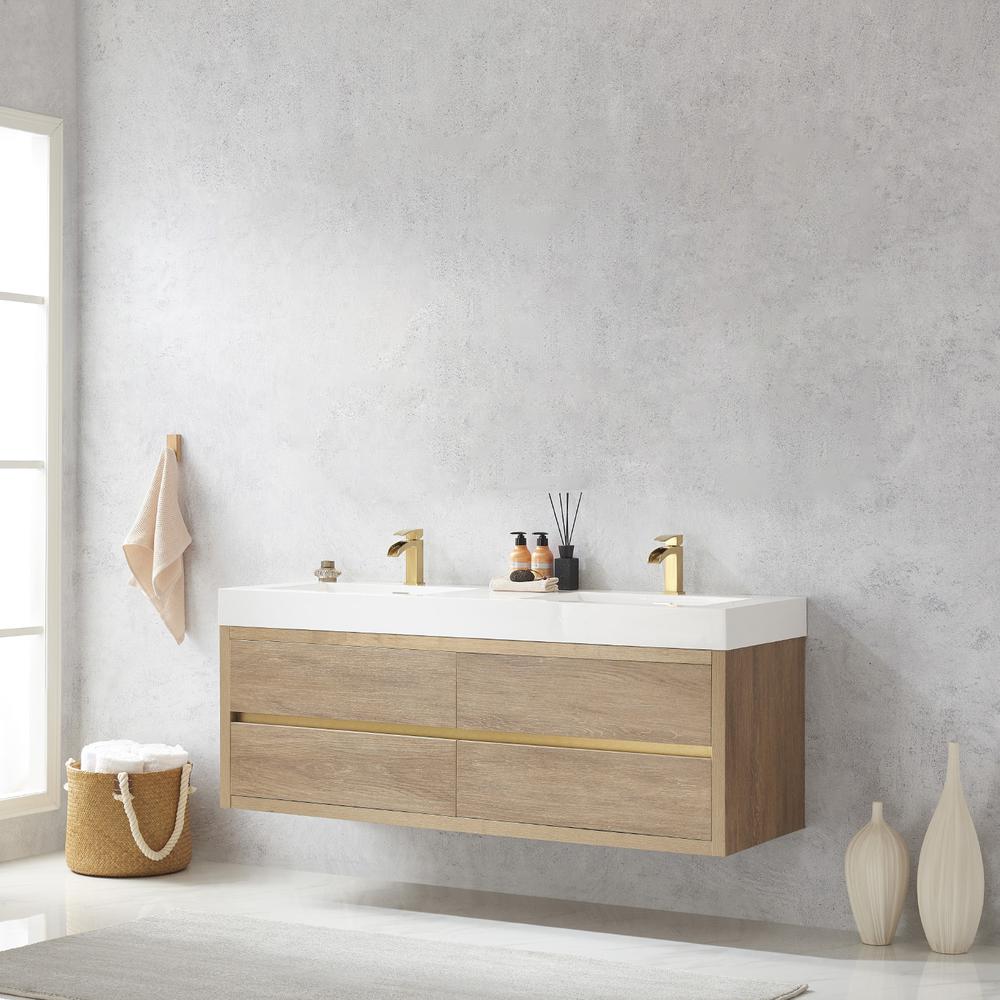 Double Sink Wall-Mount Bath Vanity with Composite Integral Square Sink Top. Picture 4