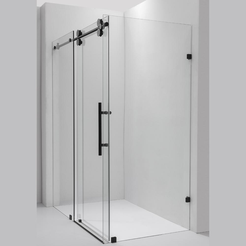 Rectangle Single Sliding Frameless Shower Enclosure in Matte Black. Picture 2