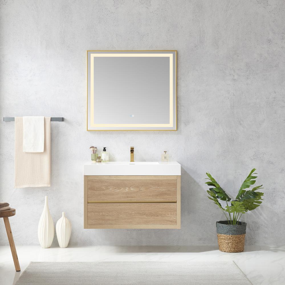 Single Sink Wall-Mount Bath Vanity Composite Integral Square Sink Top, Mirror. Picture 3
