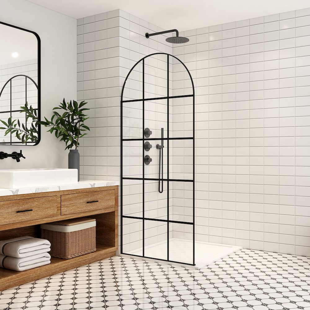 Aranaz 34" W x 78" H Fixed Single Panel Frameless Shower Door in Matte Black. Picture 2