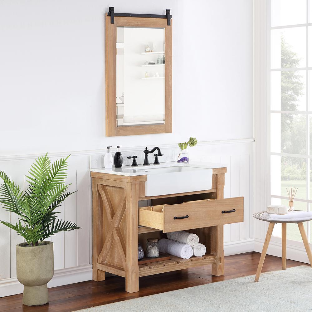 Single Bath Vanity with Composite Stone Top, White Farmhouse Basin and Mirror. Picture 6
