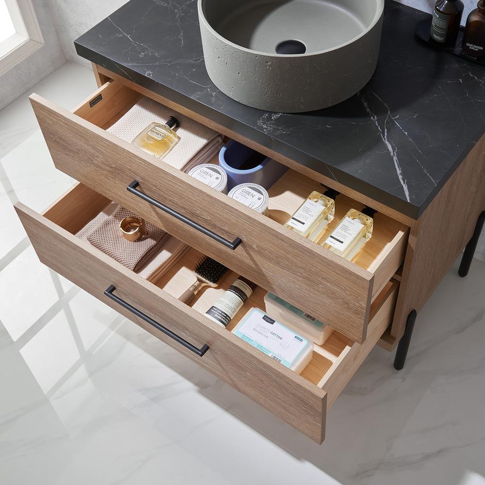 Single Sink Bath Vanity with Sintered Stone Top with Concrete Sink and Mirror. Picture 9