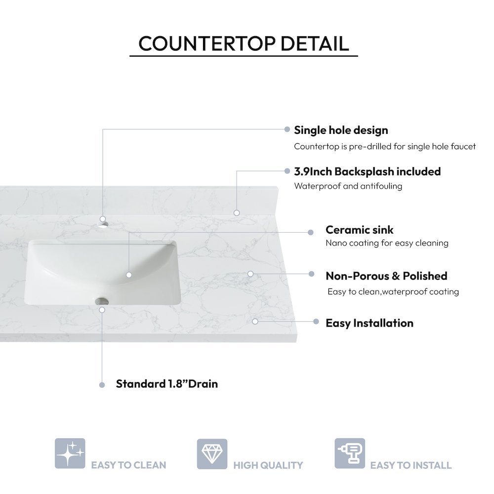 Composite Stone Vanity Top in Grain White with White Rectangular Single Sink. Picture 4