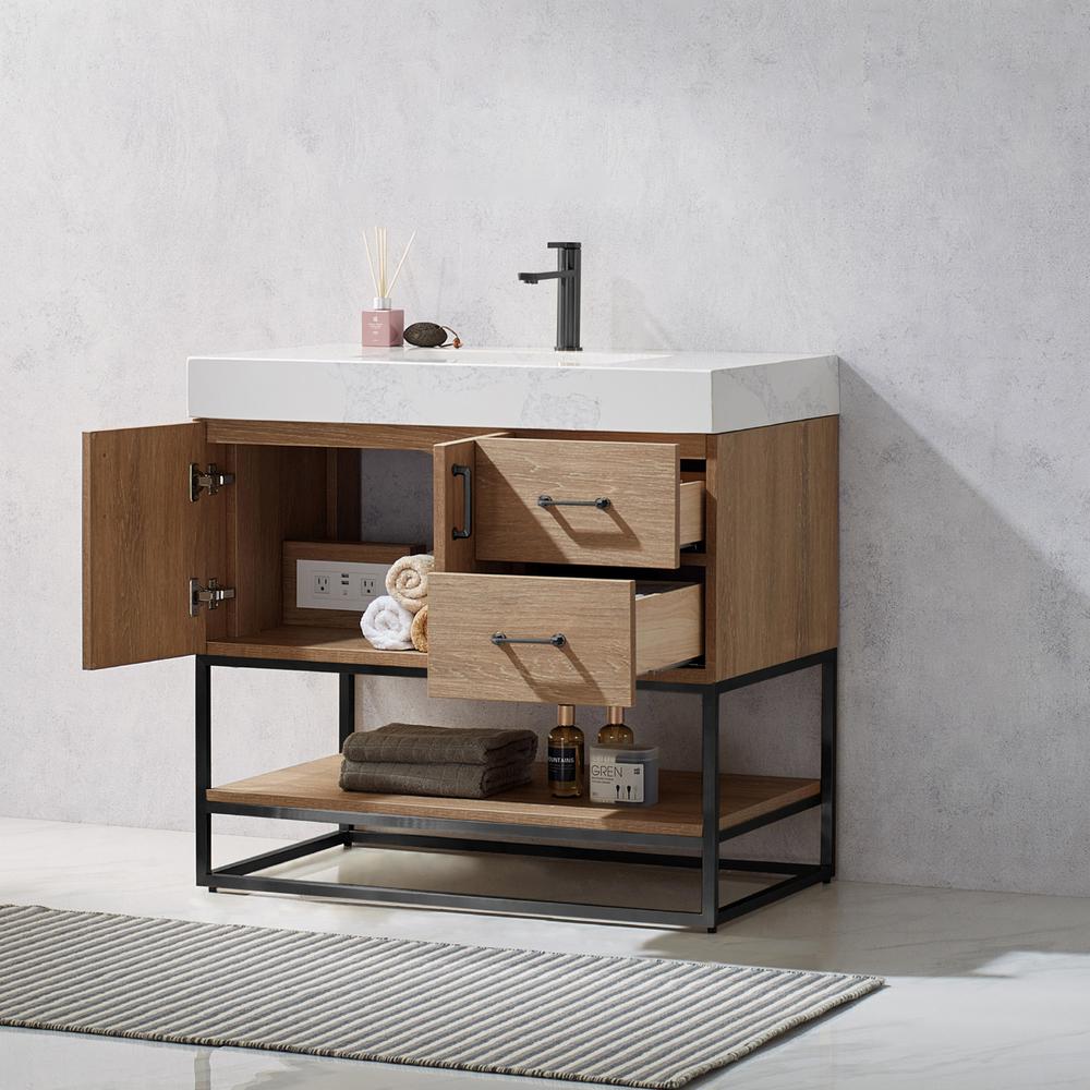 36B" Single Vanity with White Grain Stone Countertop Without Mirror. Picture 4