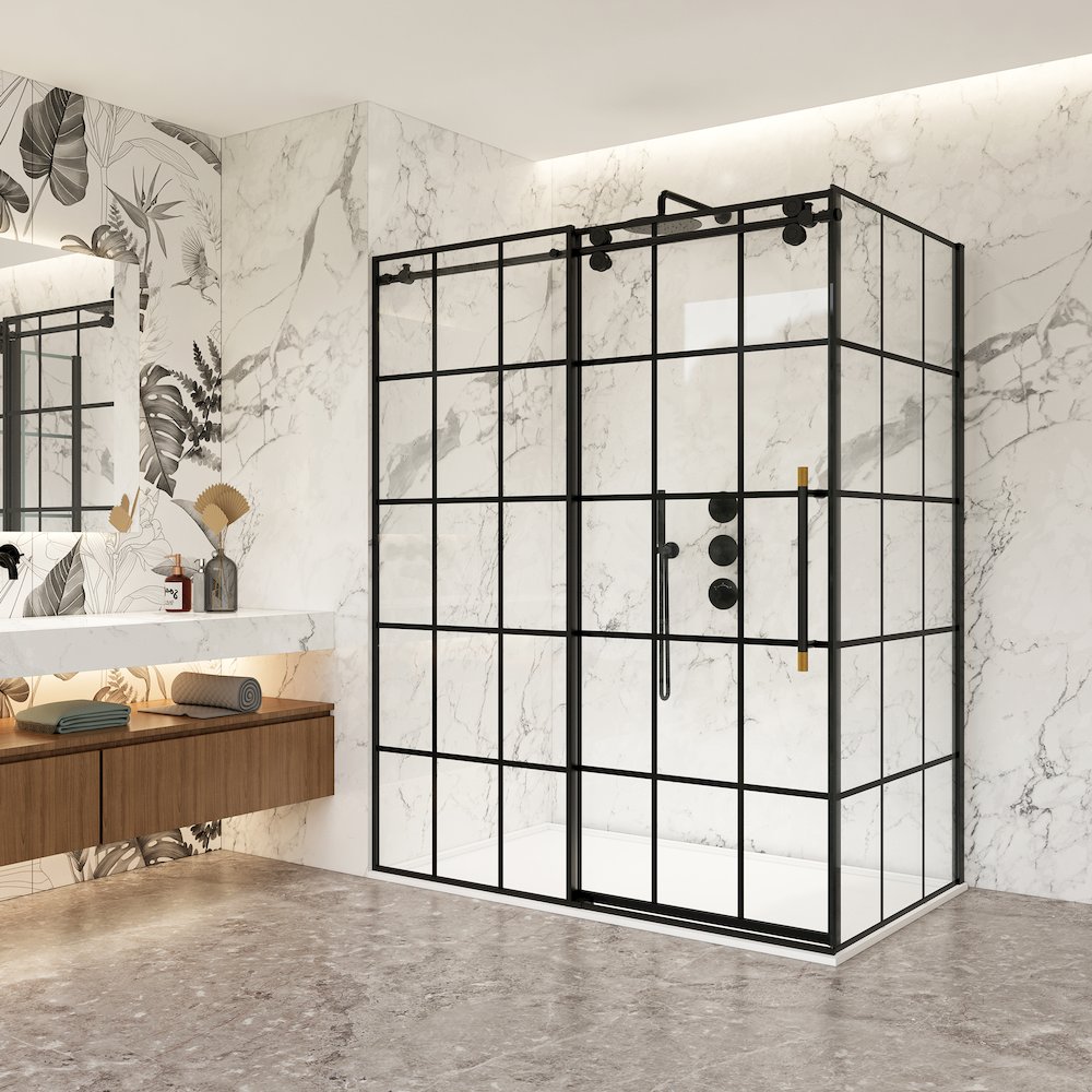 64" W x 78" H Rectangle Single Sliding Frameless Shower Enclosure in Matte Black. Picture 3