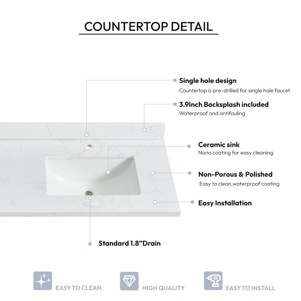 Composite Stone Vanity Top in Grain White with White Rectangular Double Sink. Picture 4