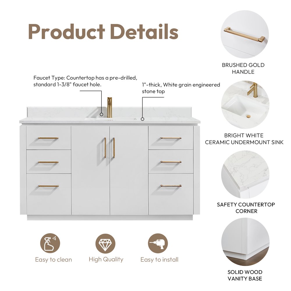 San 60" Free-standing Single Bath Vanity in White. Picture 15