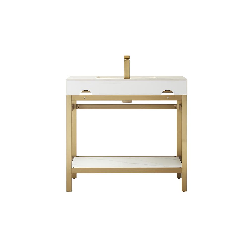 Single Sink Bath Vanity Metal Support with White Sintered Stone Top. Picture 2