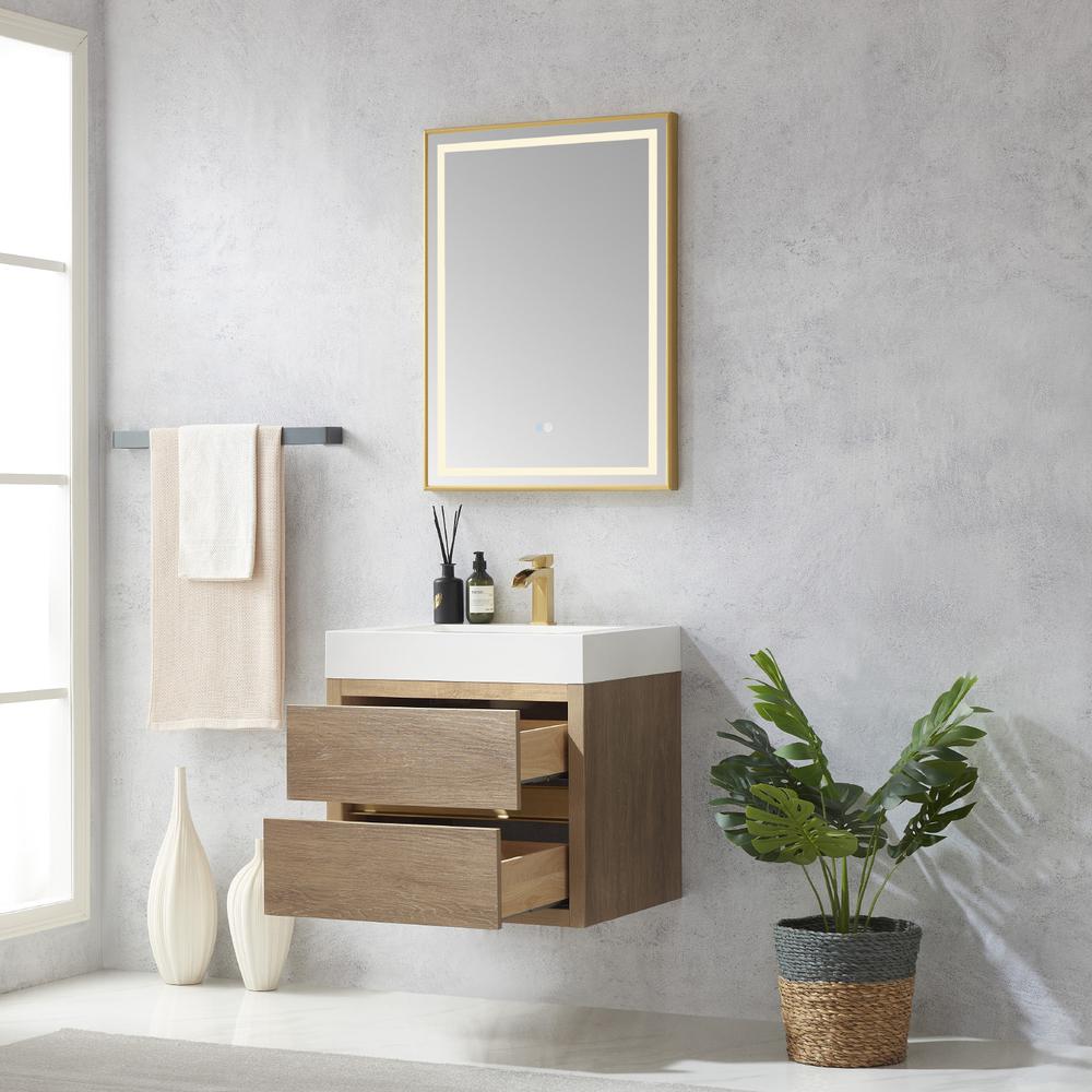 Single Sink Wall-Mount Bath Vanity Composite Integral Square Sink Top, Mirror. Picture 6
