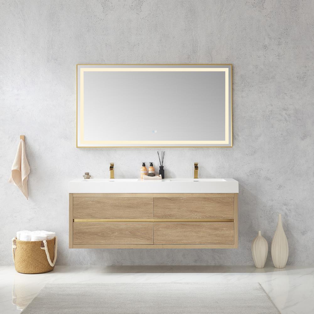Double Sink Wall-Mount Bath Vanity Composite Integral Sink Top and Mirror. Picture 3