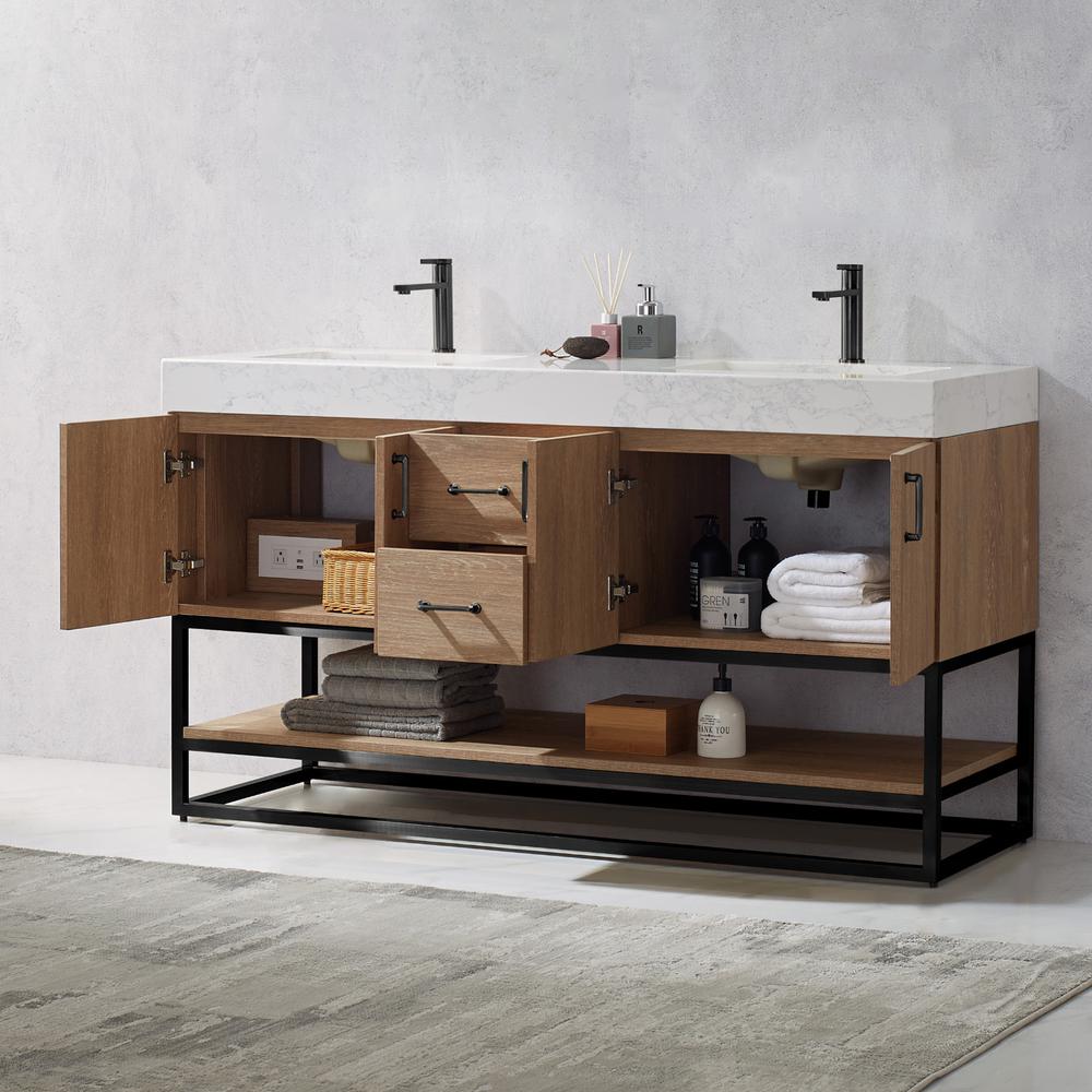 60B" Double Vanity with White Grain Stone Countertop Without Mirror. Picture 5