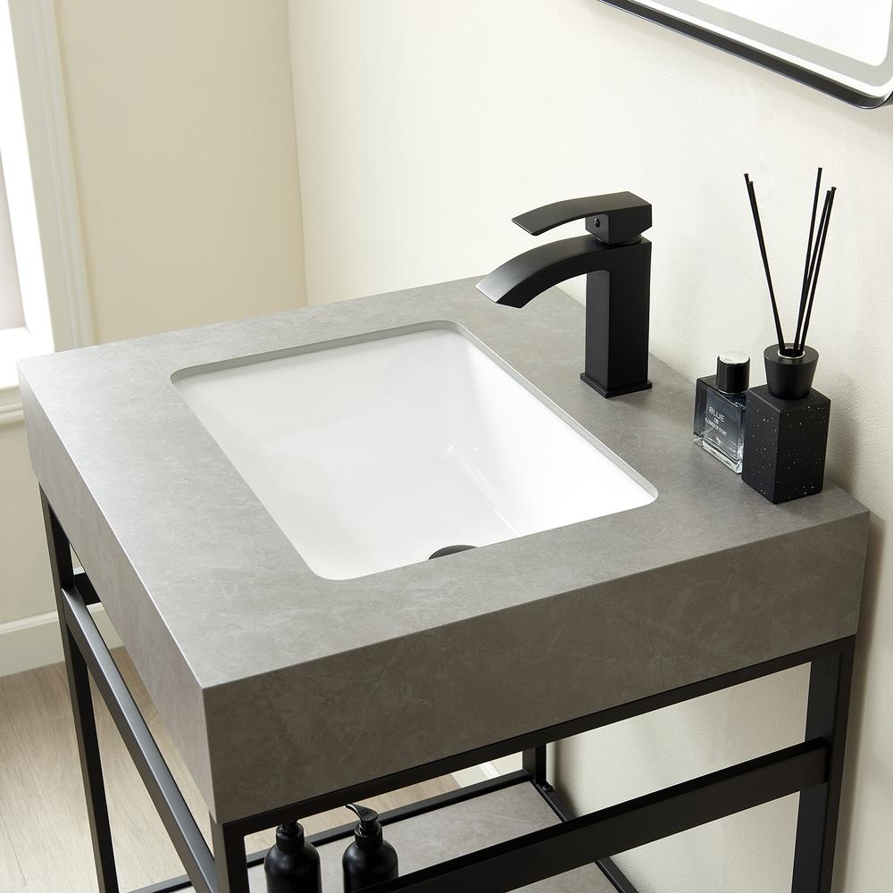 Single Sink Bath Vanity Metal Support with Grey Sintered Stone Top and Mirror. Picture 6