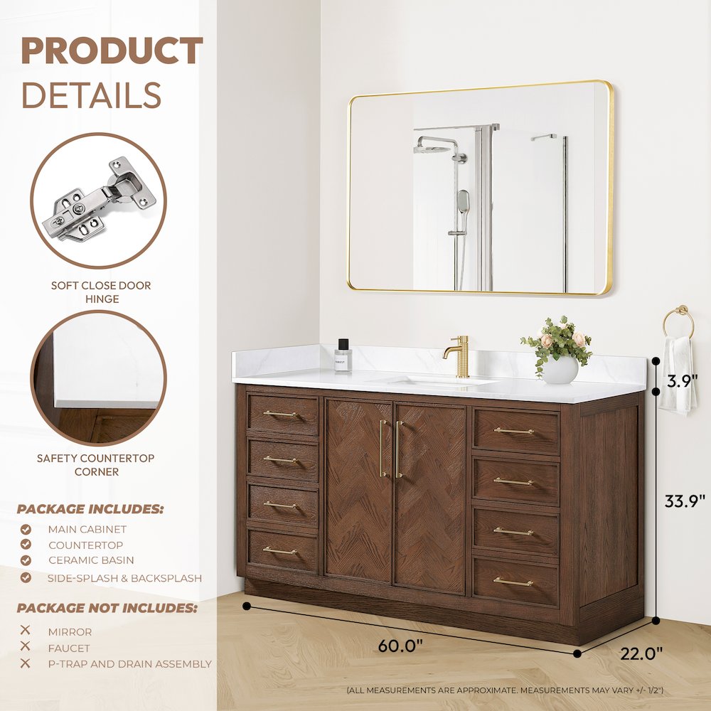 Jakarta 60" Freestanding Single Bath Vanity in Aged Dark Brown Oak. Picture 17