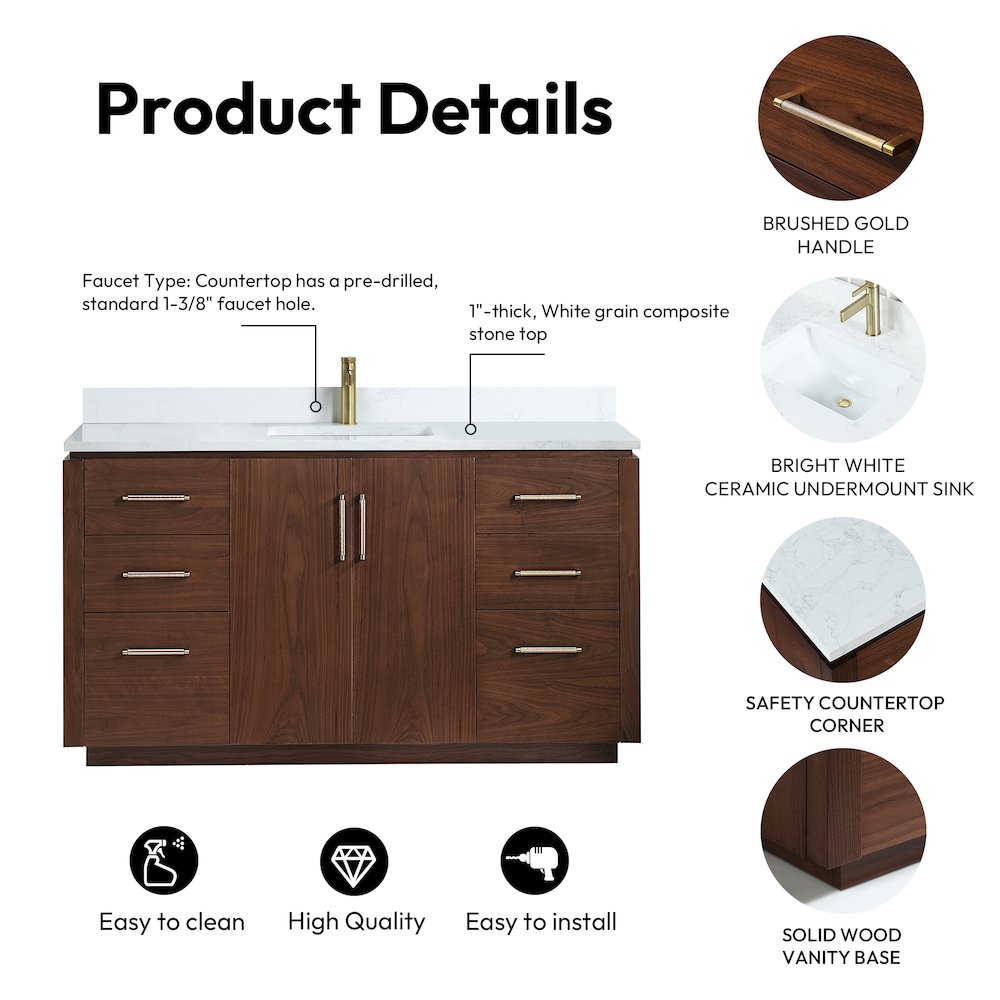 San 60" Free-standing Single Bath Vanity in Natural Walnut. Picture 19