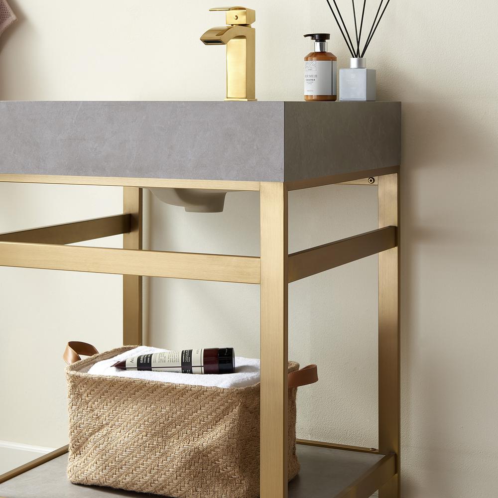 Single Sink Bath Vanity Metal Support with Grey Sintered Stone Top and Mirror. Picture 7