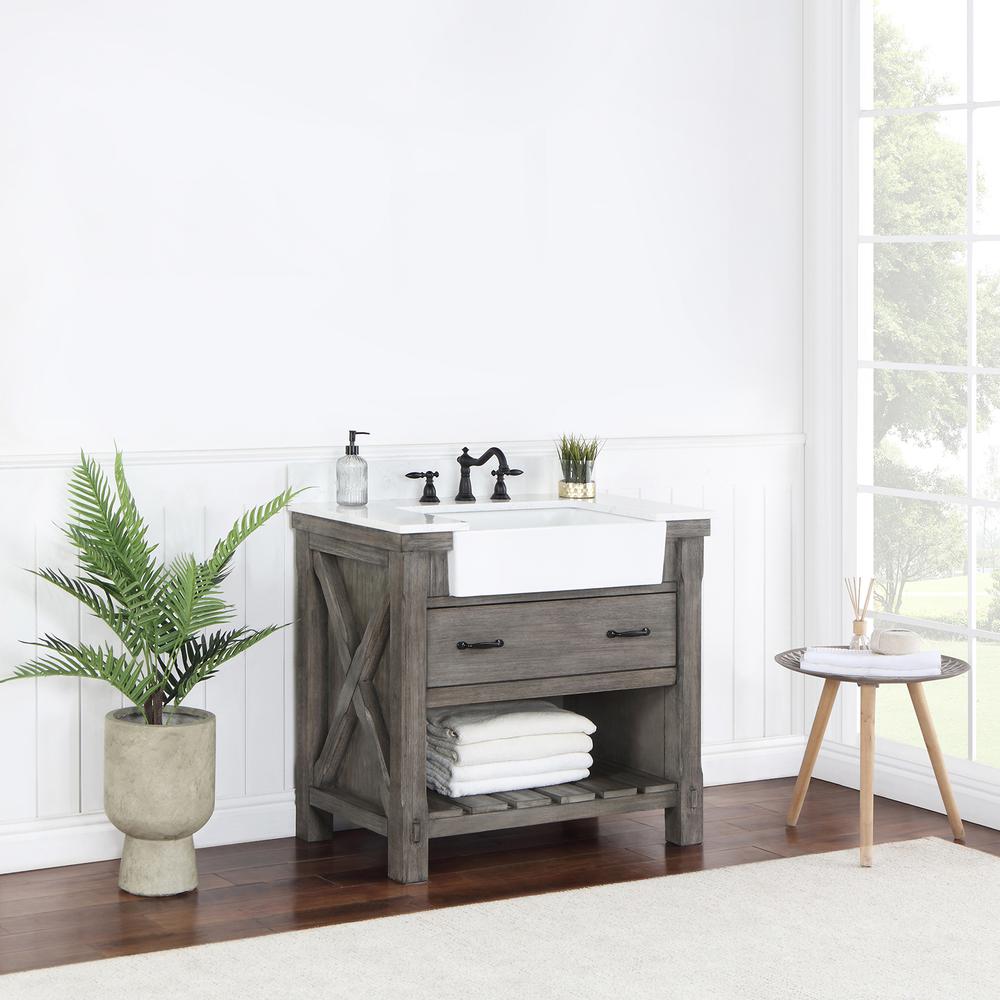 Single Bath Vanity with Composite Stone Top, White Farmhouse Basin. Picture 14
