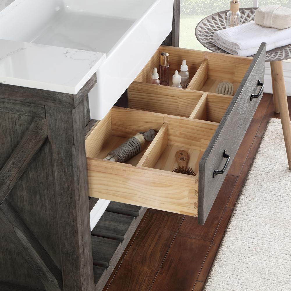 Single Bath Vanity with Composite Stone Top, White Farmhouse Basin and Mirror. Picture 10