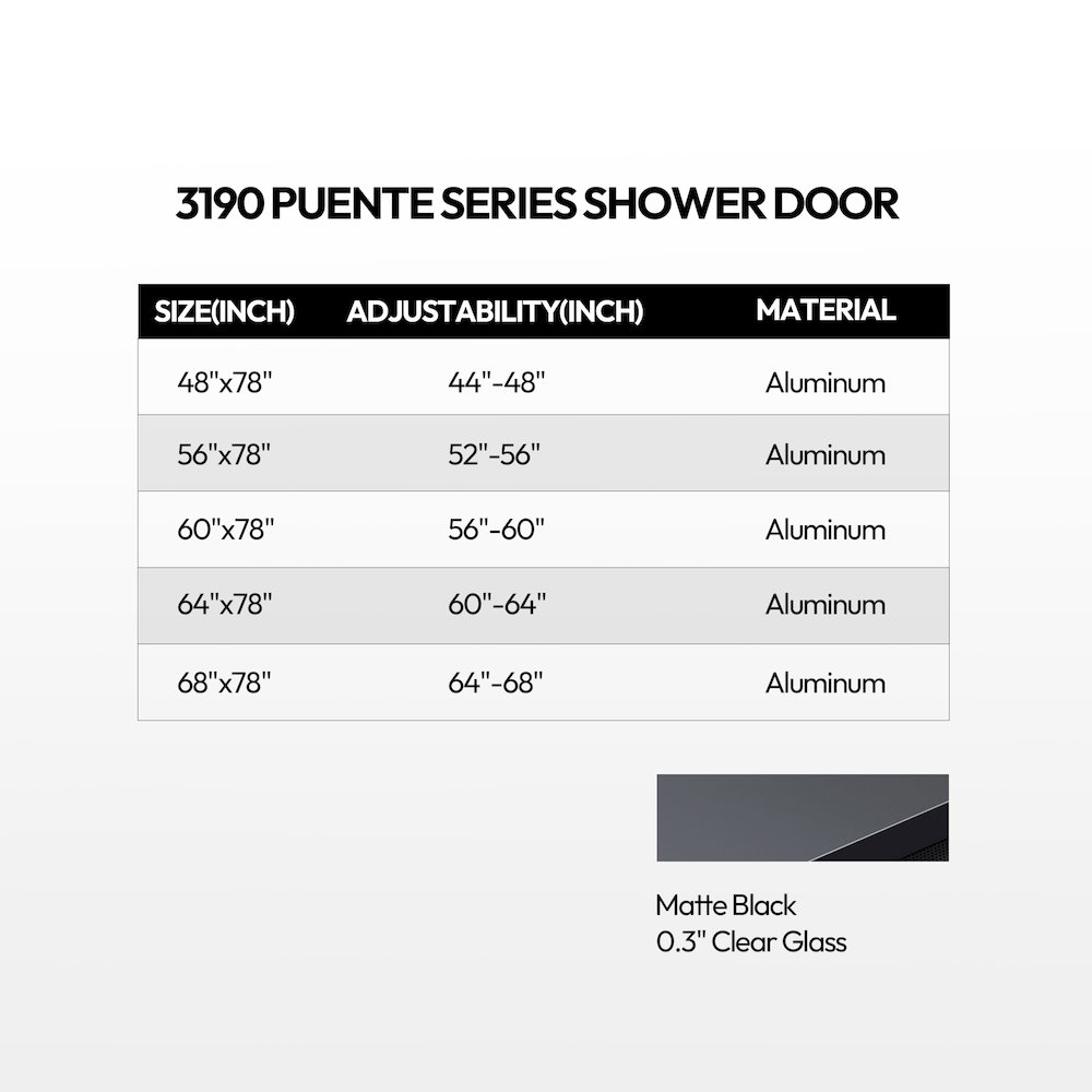 Puente 64" W x 78" H Single Sliding Frameless Shower Door in Matte Black. Picture 11