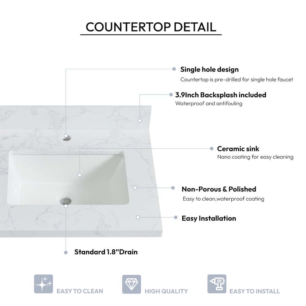 Composite Stone Vanity Top in Grain White with White Rectangular Single Sink. Picture 4