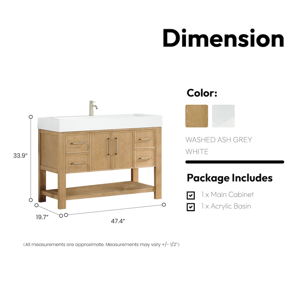 Vera 48" Free-standing Single Bath Vanity in Washed Ash Grey. Picture 19