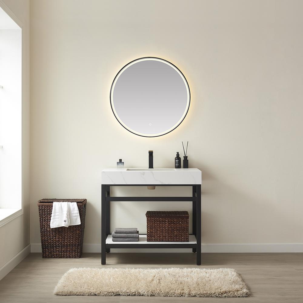 Single Sink Bath Vanity Metal Support with White Sintered Stone Top and Mirror. Picture 3