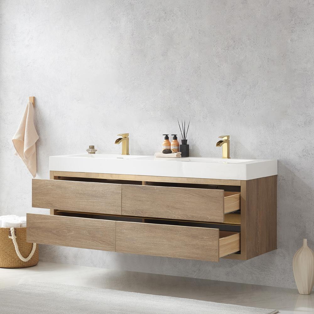 Double Sink Wall-Mount Bath Vanity with Composite Integral Square Sink Top. Picture 6