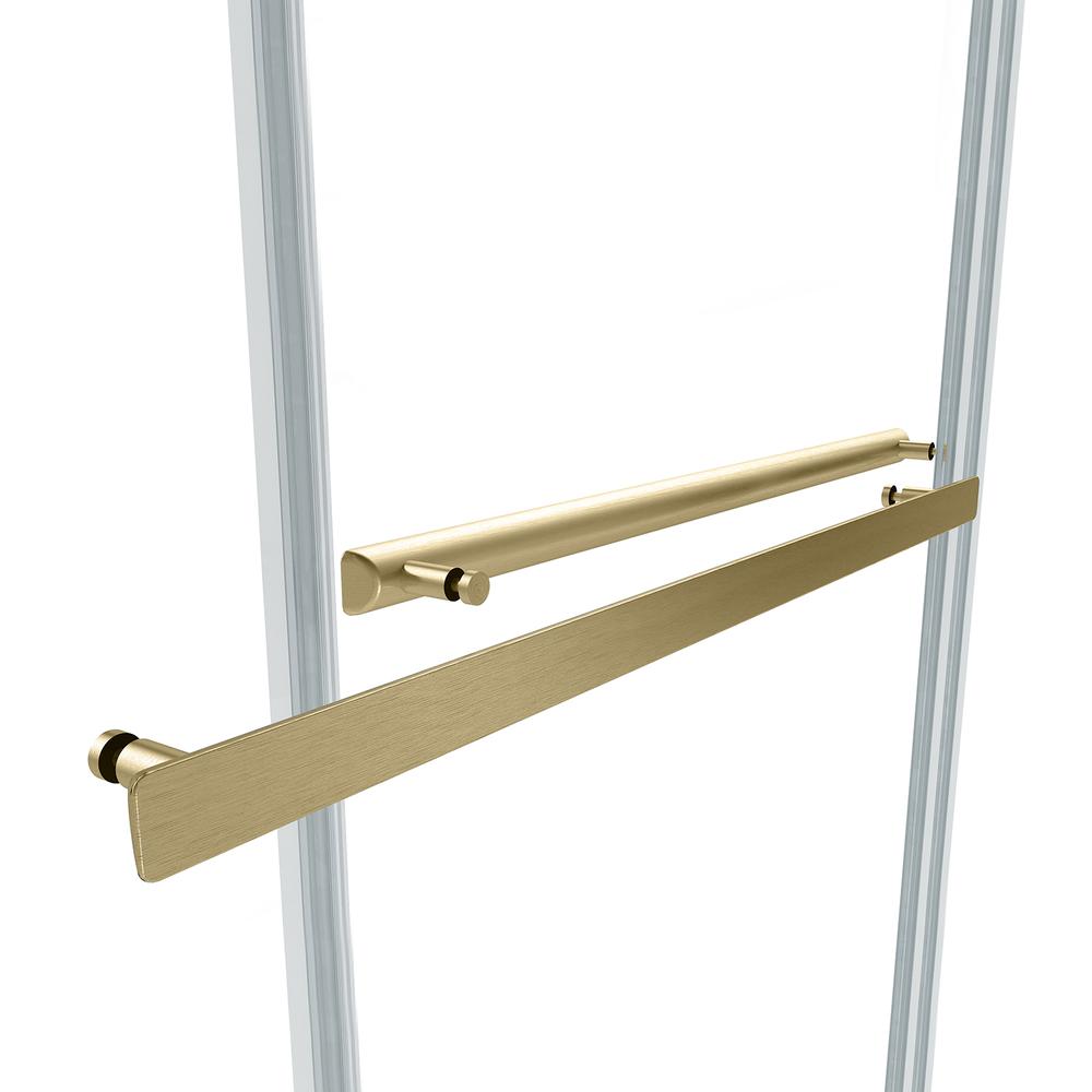 Spezia 56" W x 76" H Double Sliding Frameless Shower Door in Brushed Gold. Picture 4