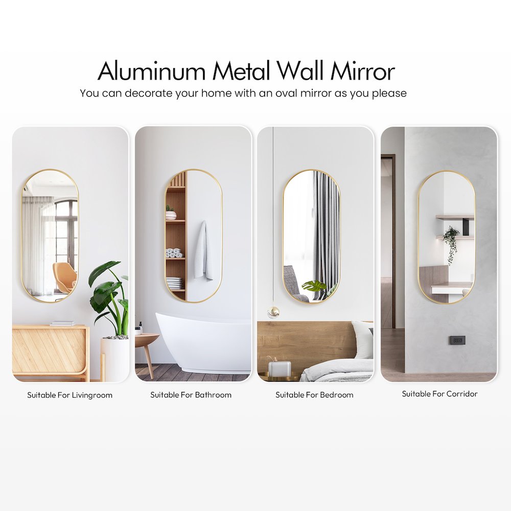 Oval Aluminum Framed Wall Mount Bathroom Vanity Mirror in Brushed Gold. Picture 9