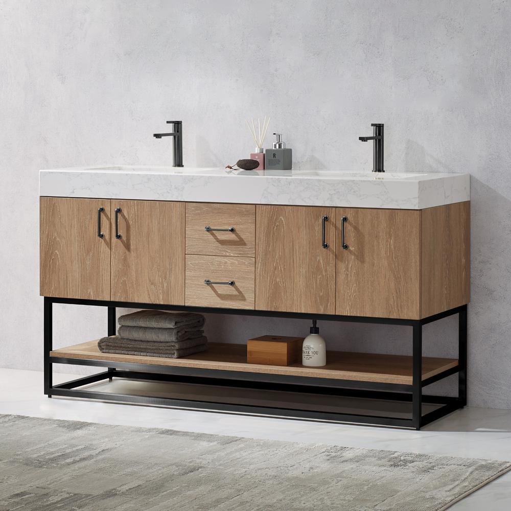 60B" Double Vanity with White Grain Stone Countertop Without Mirror. Picture 7