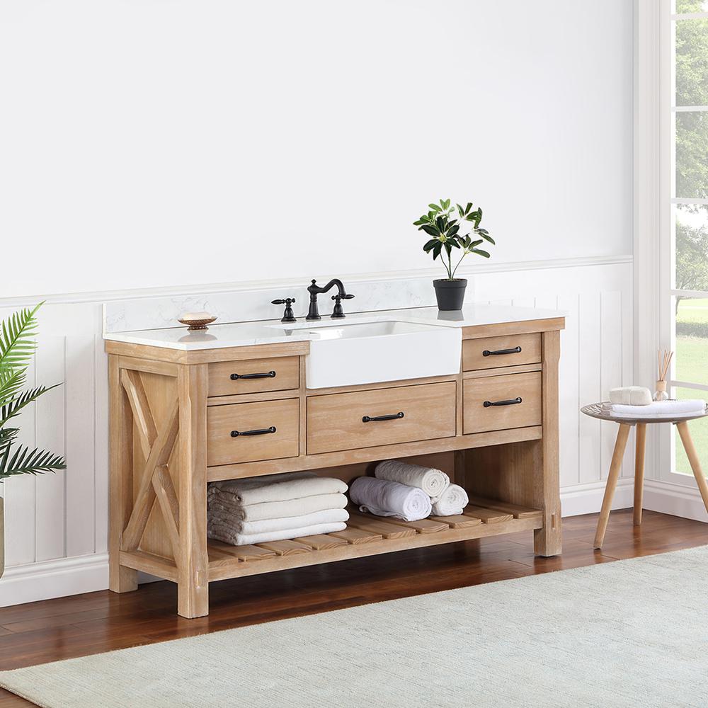 Single Bath Vanity with Composite Stone Top, White Farmhouse Basin. Picture 6