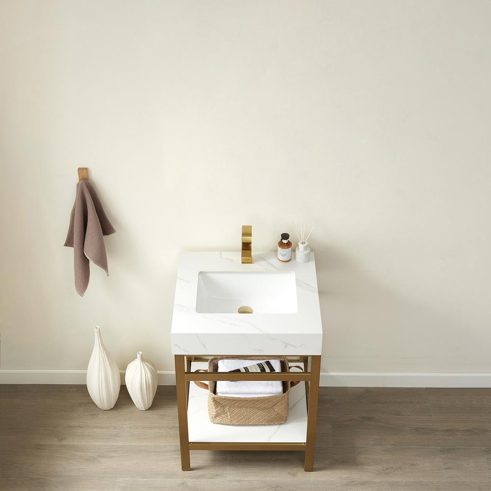 Single Sink Bath Vanity Metal Support with White Sintered Stone Top. Picture 5