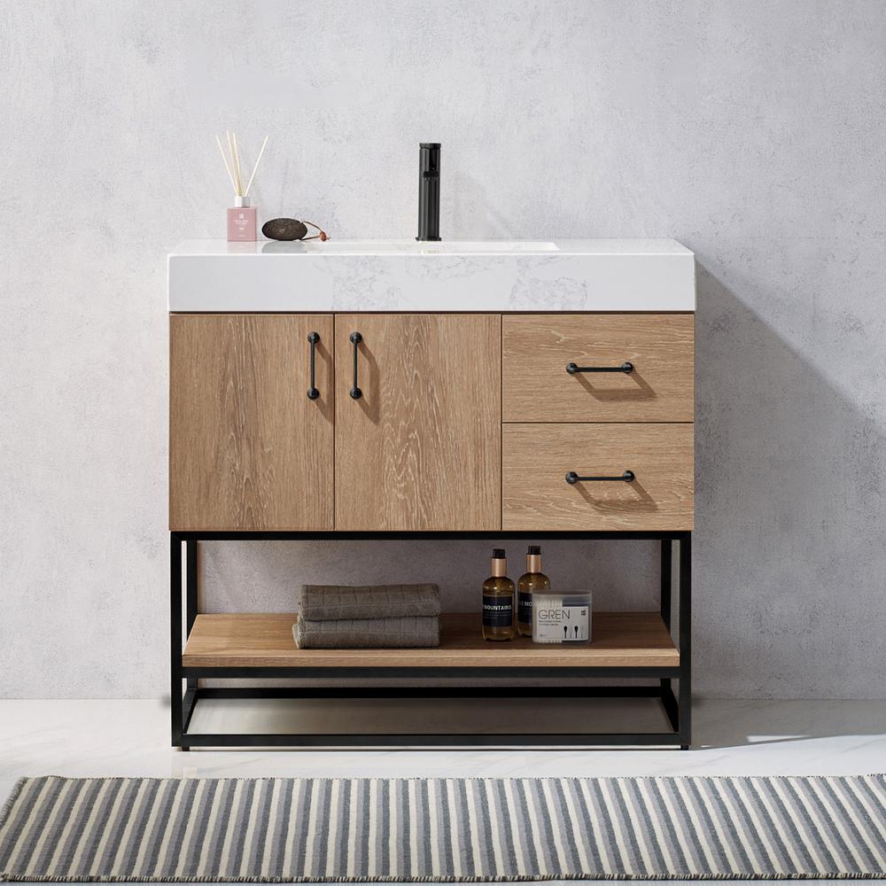 36B" Single Vanity with White Grain Stone Countertop Without Mirror. Picture 10