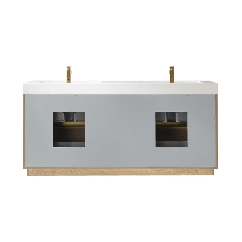 Double Sink Bath Vanity with Composite Integral Square Sink Top and Mirror. Picture 2