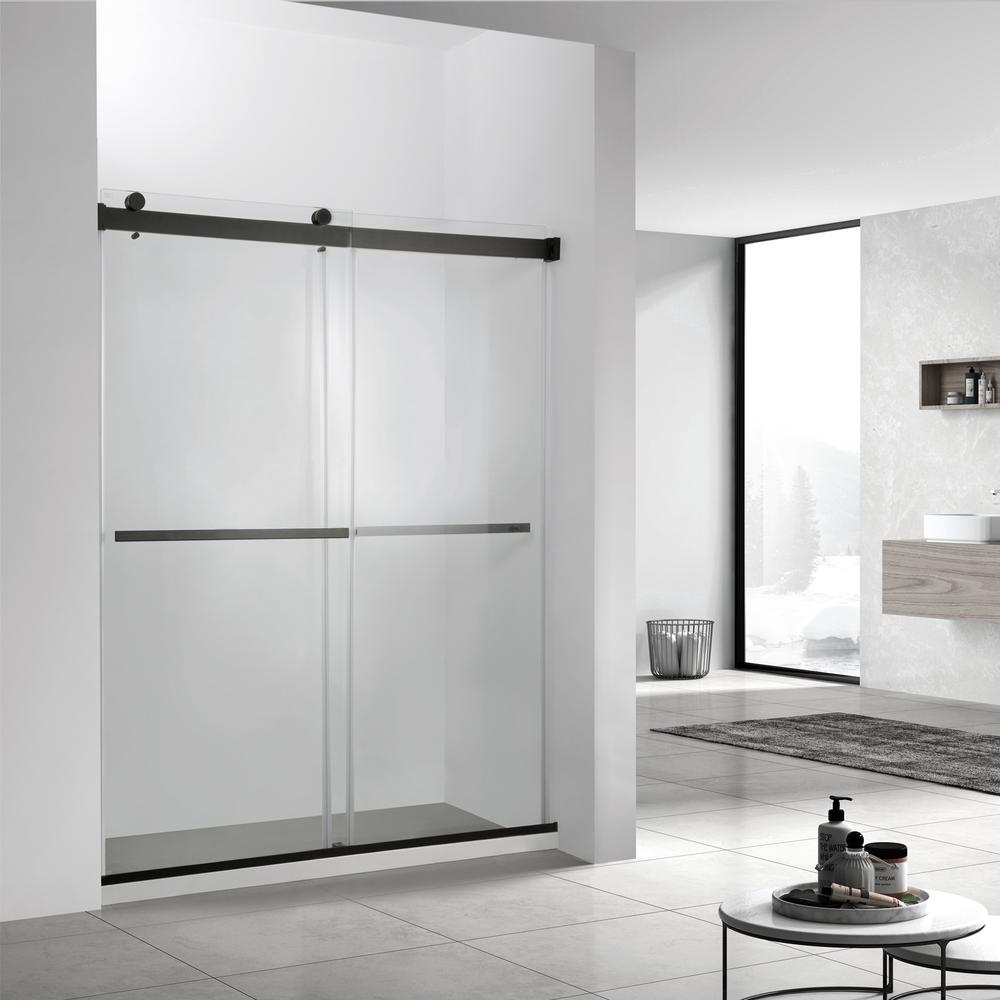 Spezia 56" W x 76" H Double Sliding Frameless Shower Door in Matte Black. Picture 3