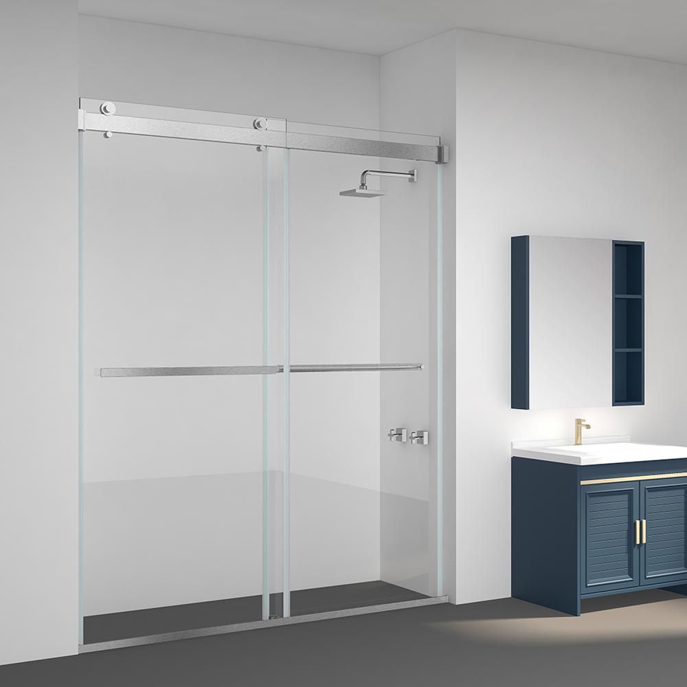 Spezia 60" W x 76" H Double Sliding Frameless Shower Door in Brushed Nickel. Picture 2