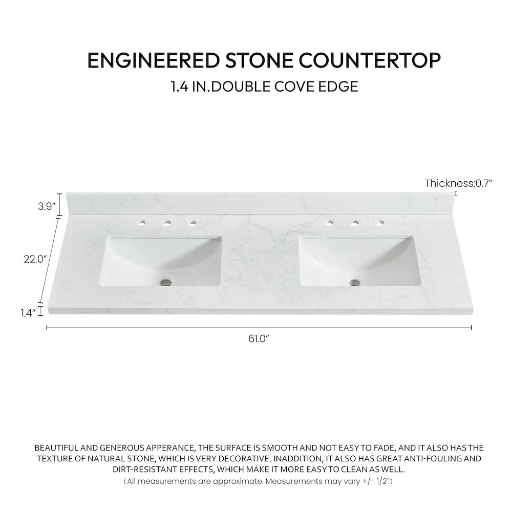 Composite Stone Vanity Top in Grain White with White Rectangular Double Sink. Picture 9
