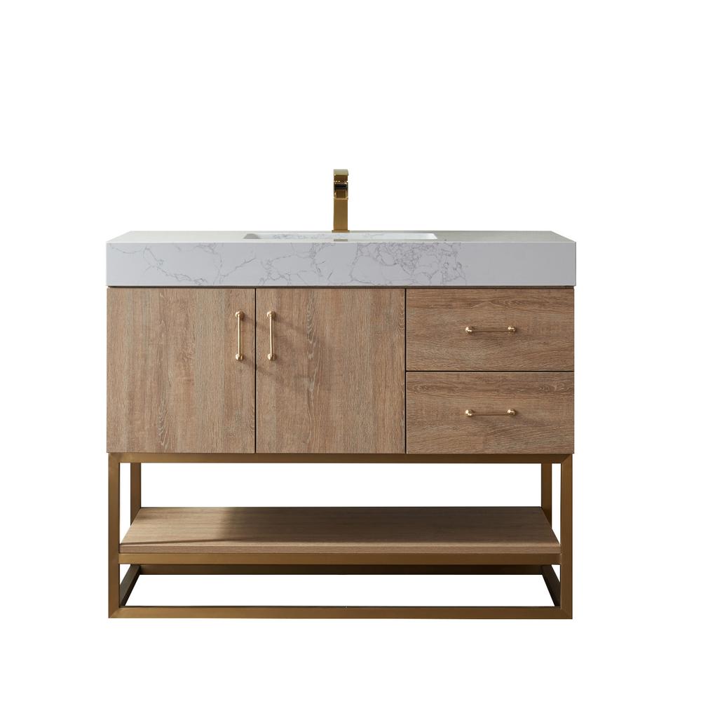 42" Single Vanity with White Grain Stone Countertop Without Mirror. Picture 1