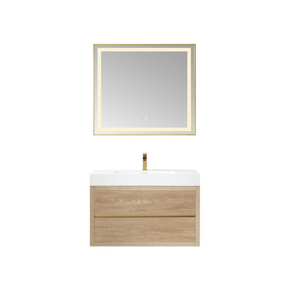 Single Sink Wall-Mount Bath Vanity Composite Integral Square Sink Top, Mirror. Picture 1