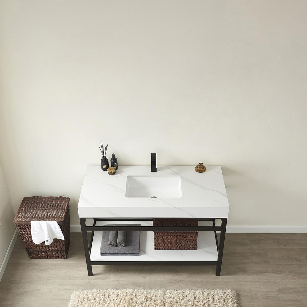 Single Sink Bath Vanity Metal Support with White Sintered Stone Top. Picture 4