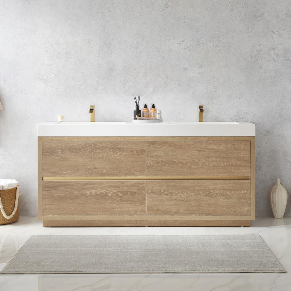 Double Sink Bath Vanity with White Composite Integral Square Sink Top. Picture 3