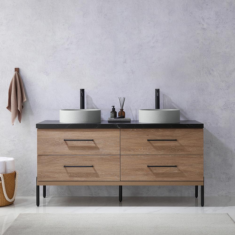 Double Sink Bath Vanity with Black Sintered Stone Top with Concrete Sink. Picture 7