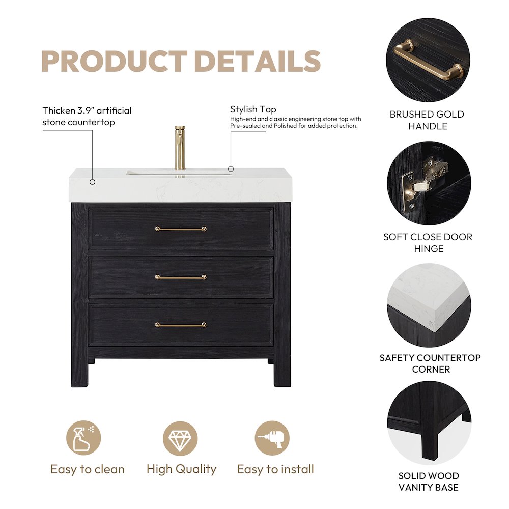 León 36in. Free-standing Single Bathroom Vanity in Fir Wood Black. Picture 15