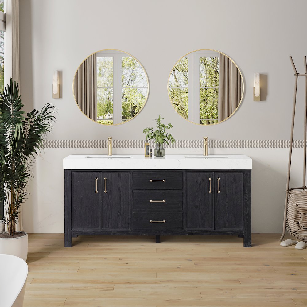 León 72in. Free-standing Double Bathroom Vanity in Fir Wood Black. Picture 3