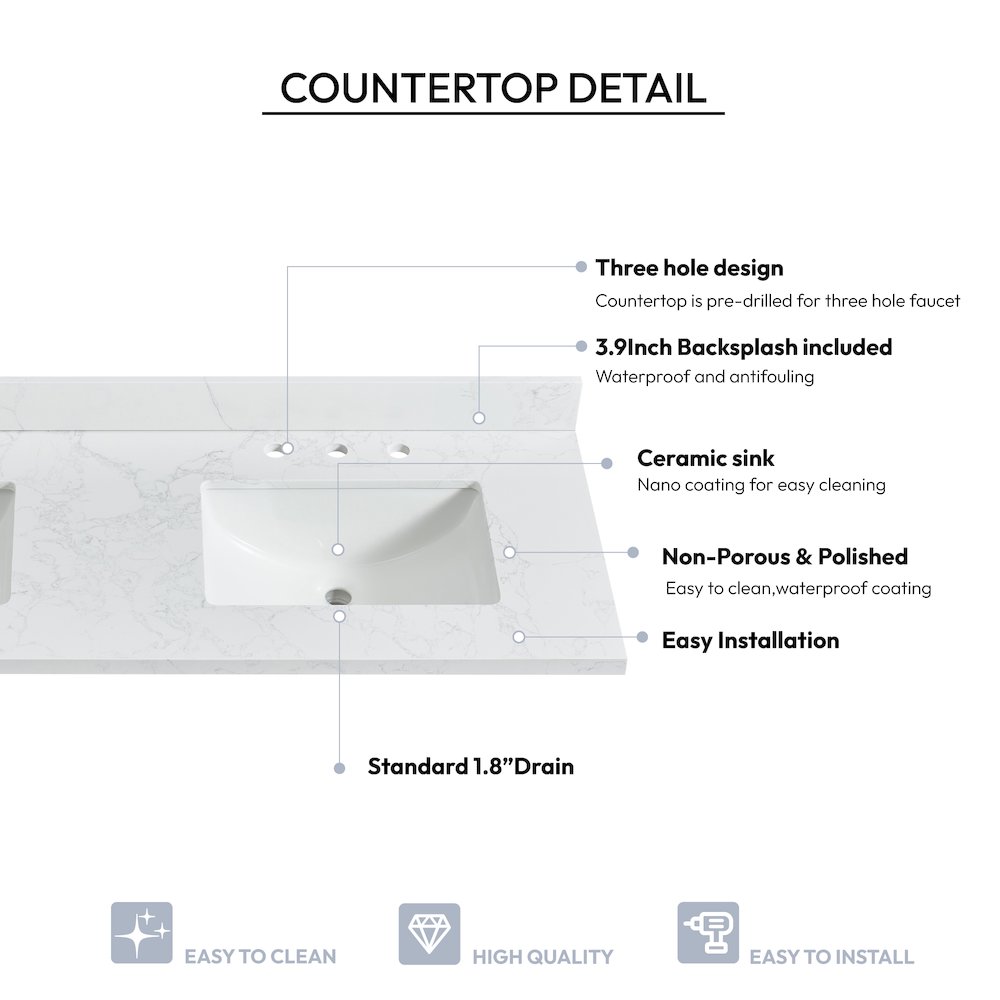 Composite Stone Vanity Top in Grain White with White Rectangular Double Sink. Picture 8