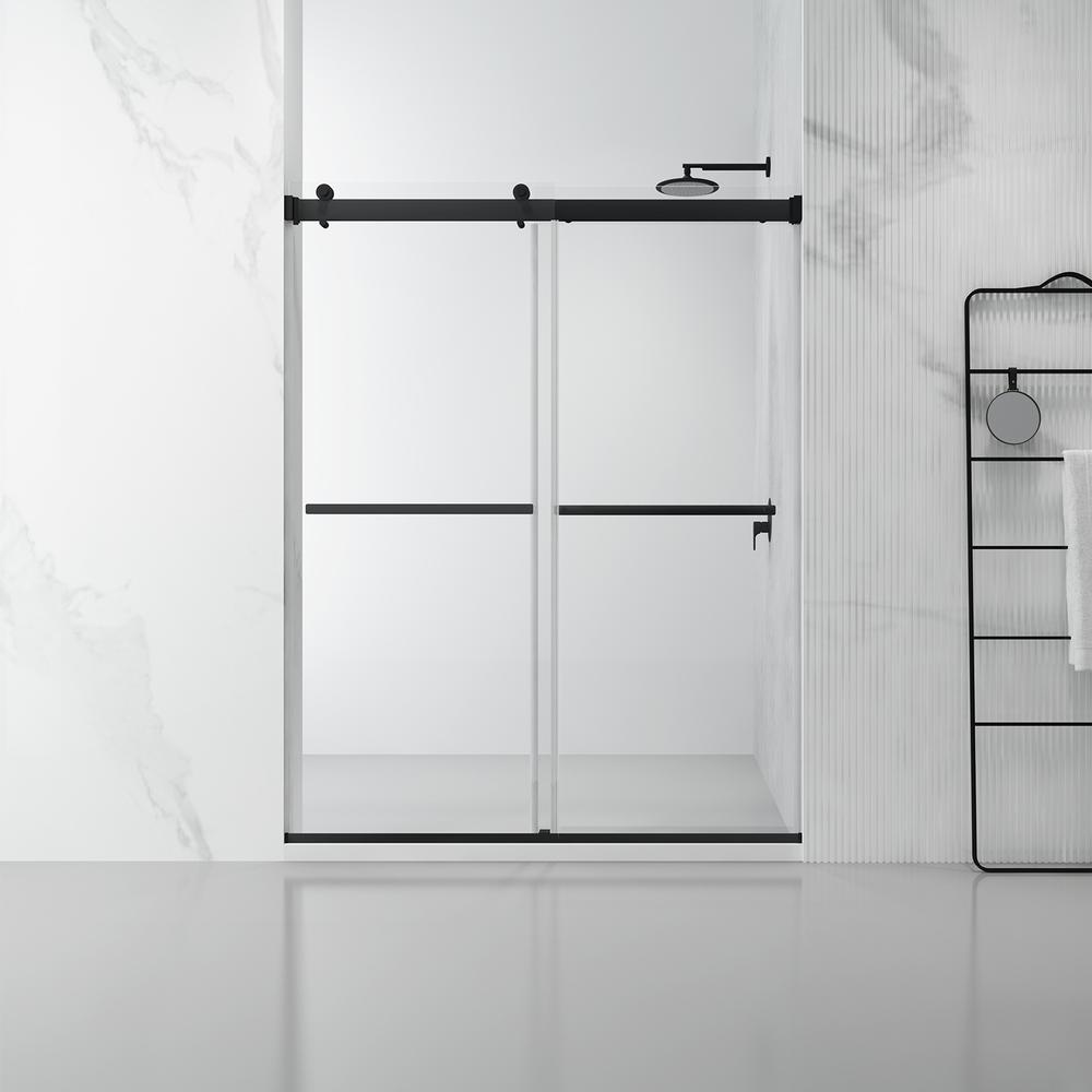 Spezia 64" W x 76" H Double Sliding Frameless Shower Door in Matte Black. Picture 1