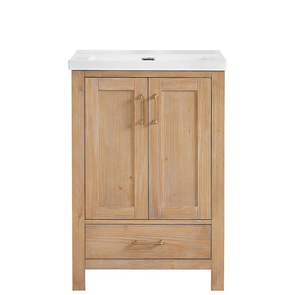 Single Sink Bath Vanity in Fir Wood Brown with Drop-In White Ceramic Basin. Picture 2