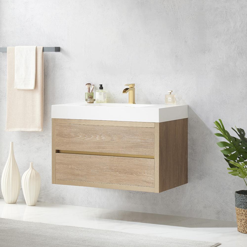 Single Sink Wall-Mount Bath Vanity with Composite Integral Square Sink Top. Picture 6